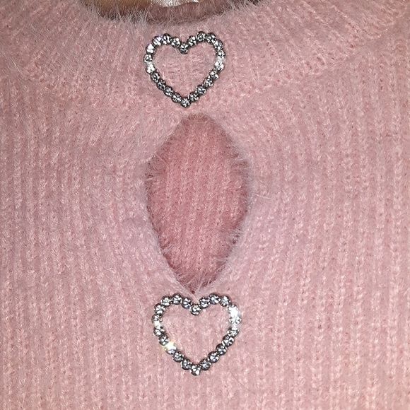 NOBO Pastel Pink Fuzzy Pullover Sweater Soft Cozy NWOT Rhinestones Hearts sz S - Picture 4 of 8